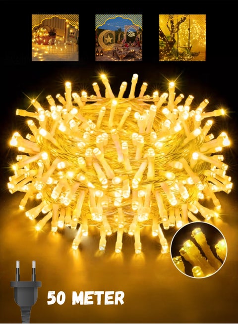 أضواء زينة رمضانية LED دافئة بيضاء بطول 50 مترًا - 480 مصباح LED، سلسلة أضواء خرافية مقاومة للماء للعيد، رمضان، الحديقة، التخييم، الفناء، وتزيين العطلات